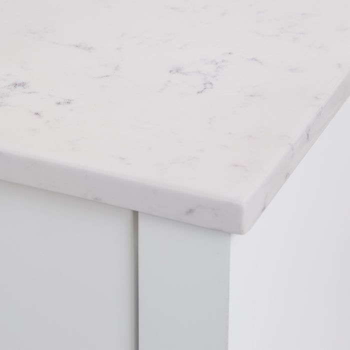 Closeup of countertop on Fordwin 37 in furniture-style white vanity with granite-look sink top, 2 drawers, cabinet