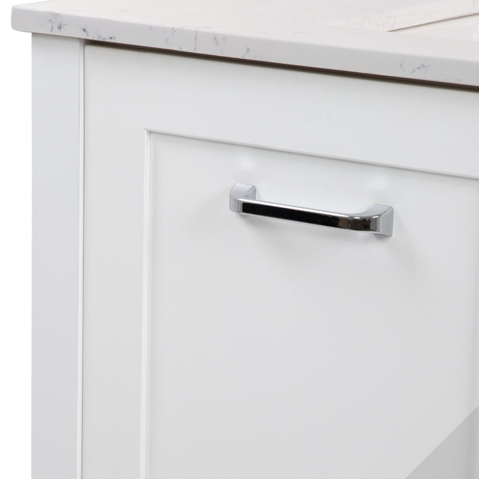 Closeup of Fordwin 37 in furniture-style white vanity with granite-look sink top, 2 drawers, cabinet