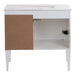 Open back of Fordwin 37 in furniture-style white vanity with granite-look sink top, 2 drawers, cabinet