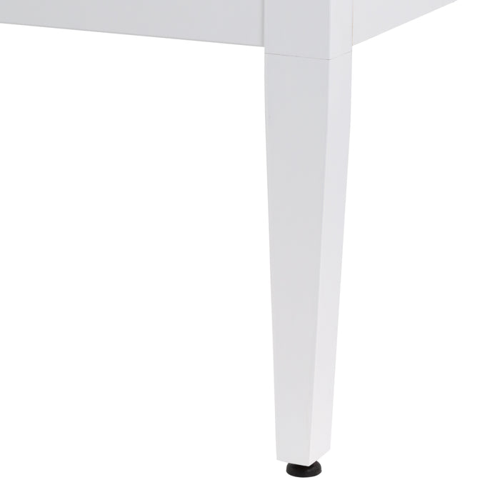 Closeup of leg and leveling foot on Fordwin 37 in furniture-style white vanity with granite-look sink top, 2 drawers, cabinet
