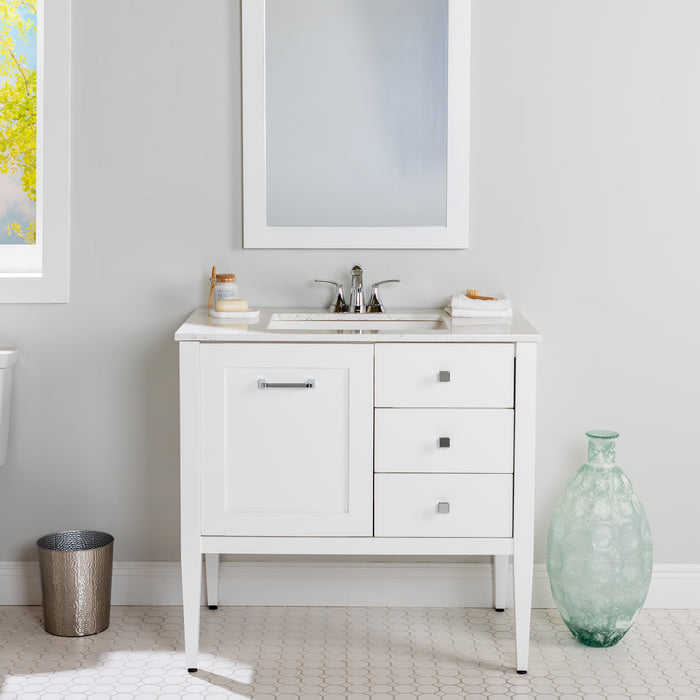 Fordwin 37 in furniture-style white vanity with granite-look sink top, 2 drawers, cabinet installed in bathroom