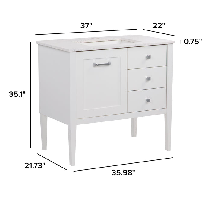 Measurements of Fordwin 37 in furniture-style white vanity with granite-look sink top, 2 drawers, cabinet: 37 in W x 22 in D x 35.1 in H