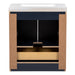 Open back on Hali 30.5 small blue bathroom vanity with 2-door cabinet, 1 drawer, brushed gold hardware, white sink top
