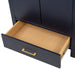 Open base drawer on Hali 30.5 small blue bathroom vanity with 2-door cabinet, 1 drawer, brushed gold hardware, white sink top