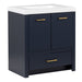 Angled view of Hali 30.5 small blue bathroom vanity with 2-door cabinet, 1 drawer, brushed gold hardware, white sink top