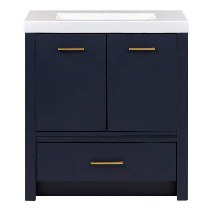 Hali 30.5 small blue bathroom vanity with 2-door cabinet, 1 drawer, brushed gold hardware, white sink top