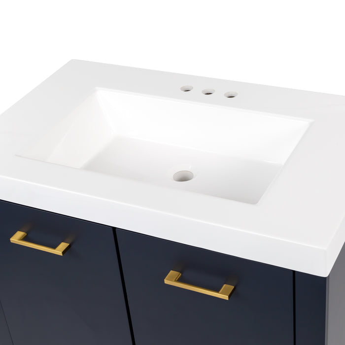 Predrilled sink top  on Hali 30.5 small blue bathroom vanity with 2-door cabinet, 1 drawer, brushed gold hardware, white sink top