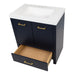 Top view with drawer open on Hali 30.5 small blue bathroom vanity with 2-door cabinet, 1 drawer, brushed gold hardware, white sink top