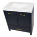 Top view on Hali 30.5 small blue bathroom vanity with 2-door cabinet, 1 drawer, brushed gold hardware, white sink top
