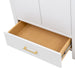 Open base drawer on Hali 30.5 small white bathroom vanity with 2-door cabinet, 1 drawer, brushed gold hardware, white sink top