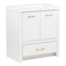 Side view of Hali 30.5 small white bathroom vanity with 2-door cabinet, 1 drawer, brushed gold hardware, white sink top