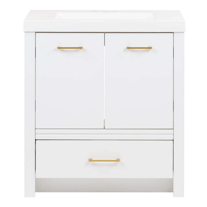 Hali 30.5 small white bathroom vanity with 2-door cabinet, 1 drawer, brushed gold hardware, white sink top