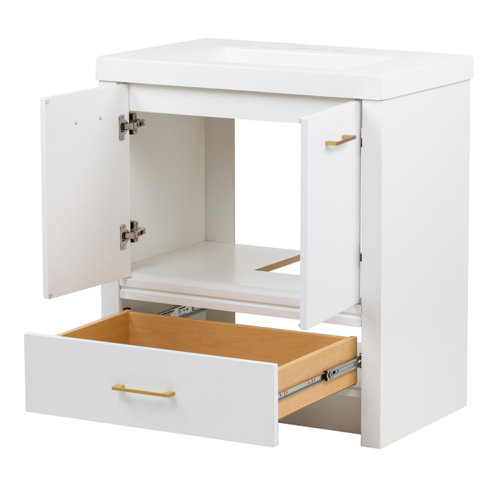Open doors and drawer on Hali 30.5 small white bathroom vanity with 2-door cabinet, 1 drawer, brushed gold hardware, white sink top