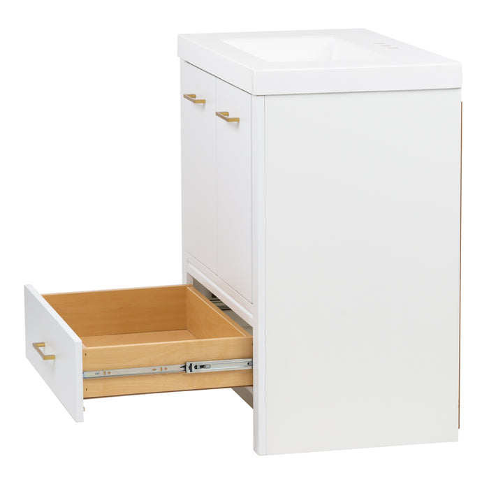Side view with open drawer on Hali 30.5 small white bathroom vanity with 2-door cabinet, 1 drawer, brushed gold hardware, white sink top