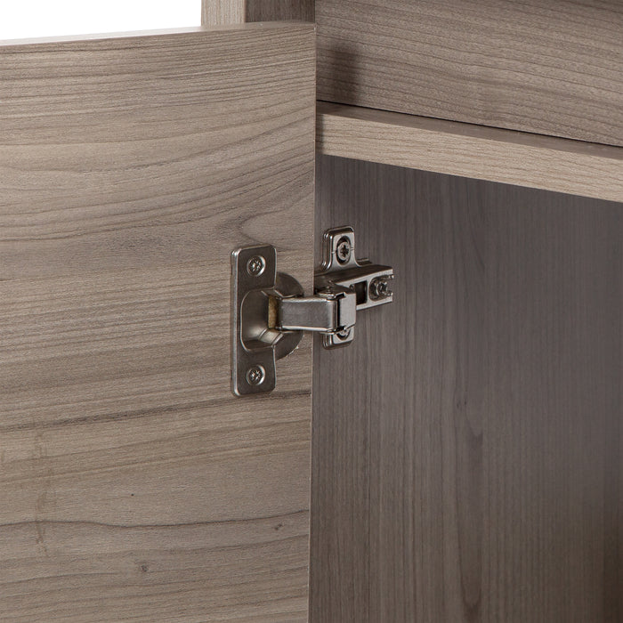 Closeup of 6-way adjustable hinges on Kelby 30.5" W floating vanity with woodgrain finish