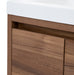 Closeup of edge of Kelby 24.5" W floating vanity with woodgrain finish and white sink top