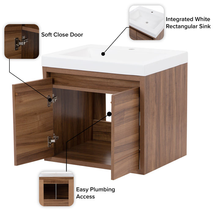 Callouts on Kelby 24.5" W floating bathroom vanity with 2 flat-panel doors woodgrain finish, white sink top
