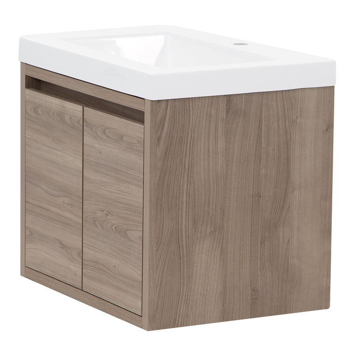 Right view of Kelby 24.5" W floating bathroom vanity with 2 flat-panel doors woodgrain finish, white sink top