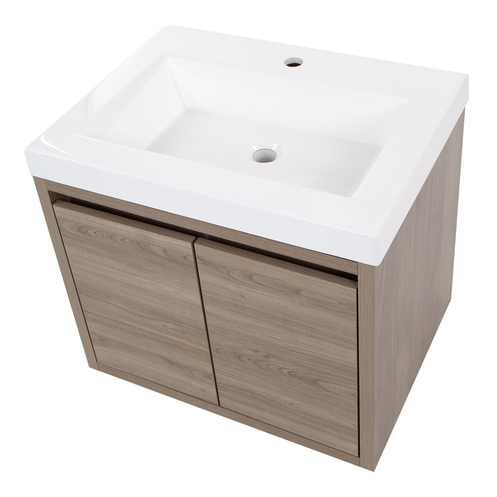 Top view of Kelby 24.5" W floating bathroom vanity with 2 flat-panel doors woodgrain finish, white sink top