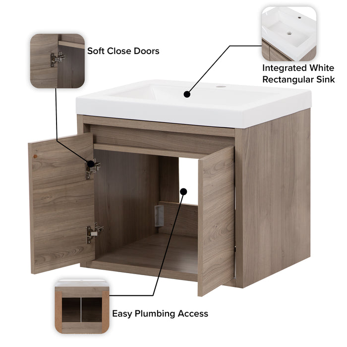 Callouts on Kelby 24.5" W floating bathroom vanity with 2 flat-panel doors woodgrain finish, white sink top