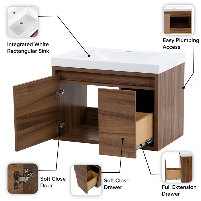 Kelby modern floating vanity features: drawer, cabinet, sink top, open back