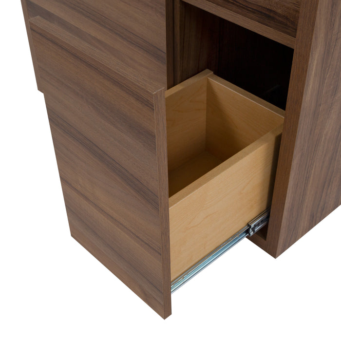 Closeup of full-extension drawer on Kelby 30.5" W woodgrain floating bathroom vanity 