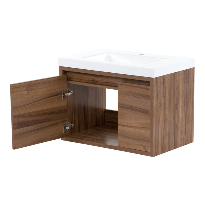 Side view of Kelby 30.5" W woodgrain cabinet-style floating bathroom vanity with cabinet door open