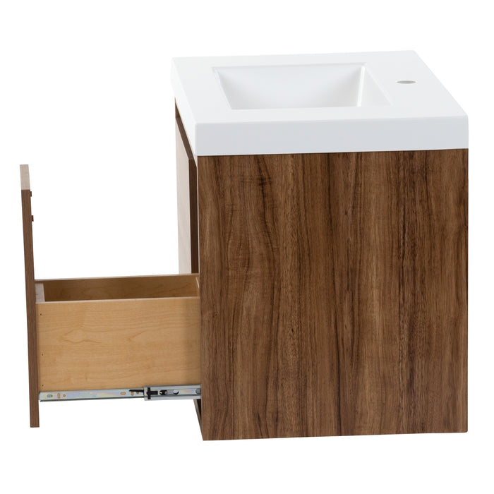 Side view of Kelby 30.5" W woodgrain cabinet-style floating bathroom vanity with full-extension drawer open