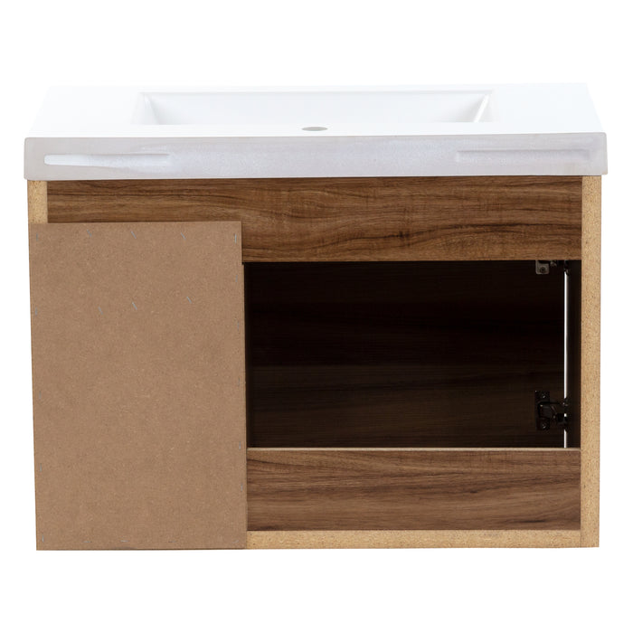 Open back of Kelby 30.5" W woodgrain cabinet-style floating bathroom vanity 