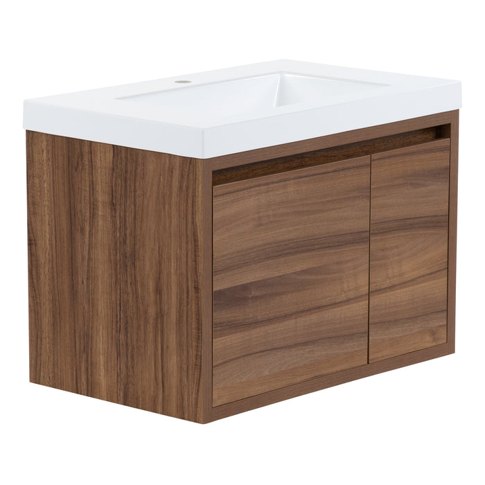 Left view of Kelby 30.5" W floating bathroom vanity with 1 flat-panel door and 1 drawer, woodgrain finish, white sink top