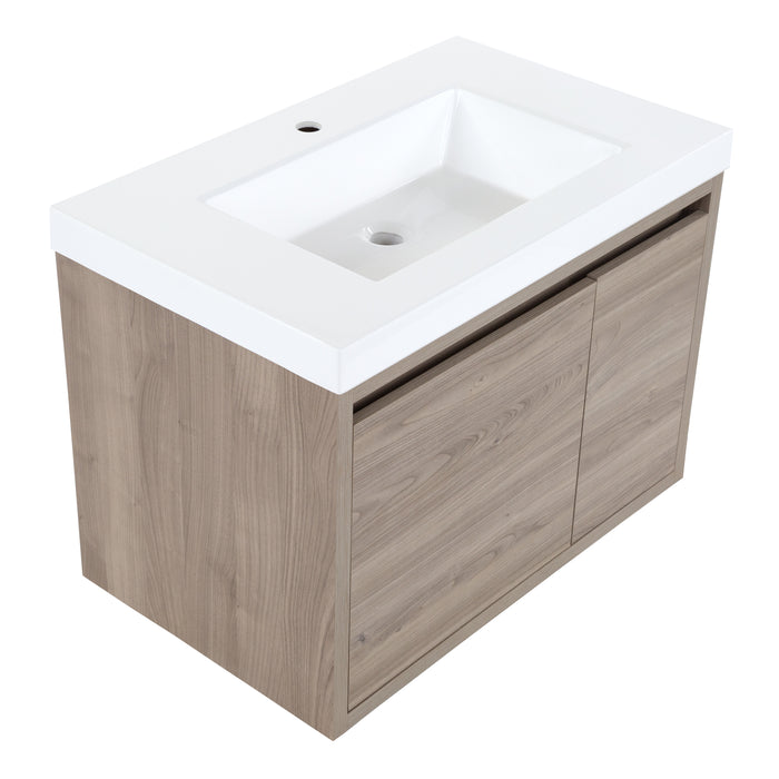 Top view of Kelby 30.5" W woodgrain floating bathroom vanity with 1 flat-panel door and 1 drawer, white sink top