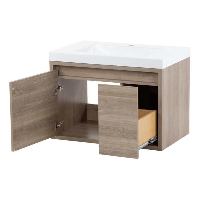 Side view of Kelby 30.5" W woodgrain floating bathroom vanity with full-extension drawer and cabinet door open