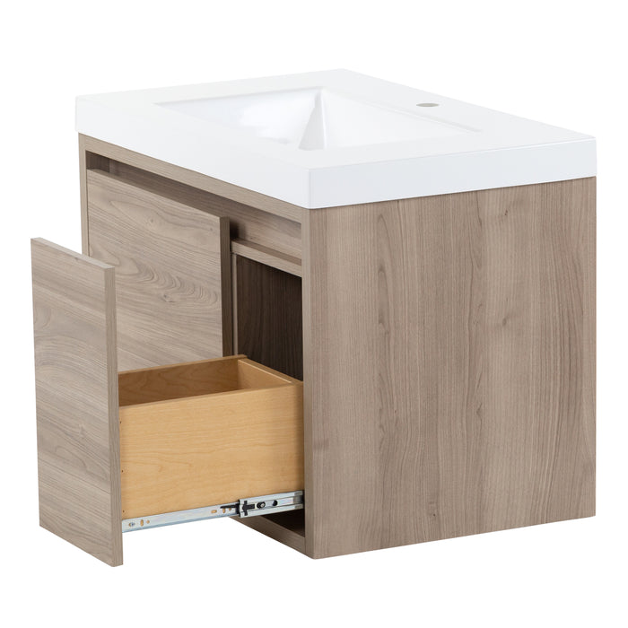 Side view of Kelby 30.5" W woodgrain floating bathroom vanity with full-extension drawer open
