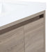 Closeup view of edge of Kelby 30.5" W floating vanity with woodgrain finish