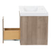 Side view of Kelby 30.5" W woodgrain floating bathroom vanity with full-extension drawer open