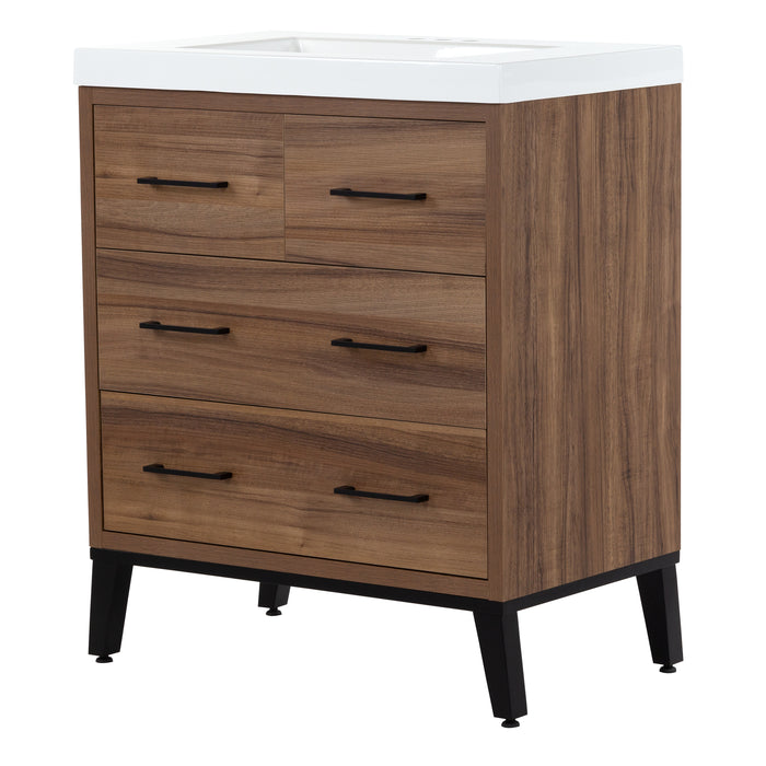 Right side Rialta 30.5" W 3-drawer bathroom vanity with matte black legs and 6 matte black drawer handles, white sink top