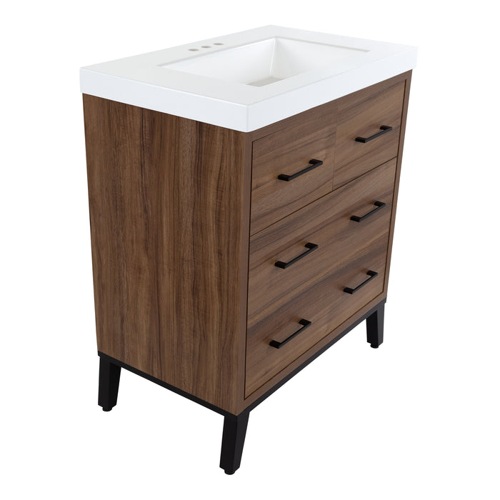 Left side Rialta 30.5" W 3-drawer bathroom vanity with matte black legs and 6 matte black drawer handles, white sink top