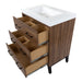 Top view with 3 open drawers on Rialta 30.5" wide bathroom vanity with woodgrain finish, white sink top