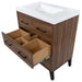 Open 3 compartment middle drawer with light wood interior on Rialta 30.5" 3-drawer vanity