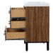 Side view with 3 open drawers on Rialta 30.5" wide bathroom vanity with woodgrain finish, white sink top