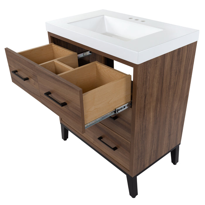 Open 3 compartment top drawer with light wood interior on Rialta 30.5" 3-drawer bathroom vanity