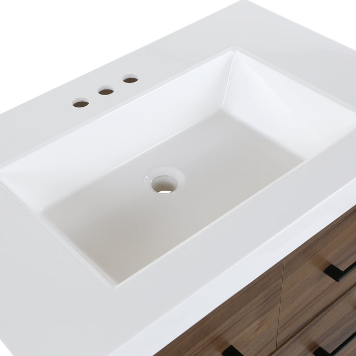 Predrilled white cultured marble sink top with integrated rectangular sink on Rialta vanity with woodgrain finish