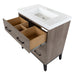 Open 3 compartment top drawer with light wood interior on Rialta 30.5" 3-drawer vanity