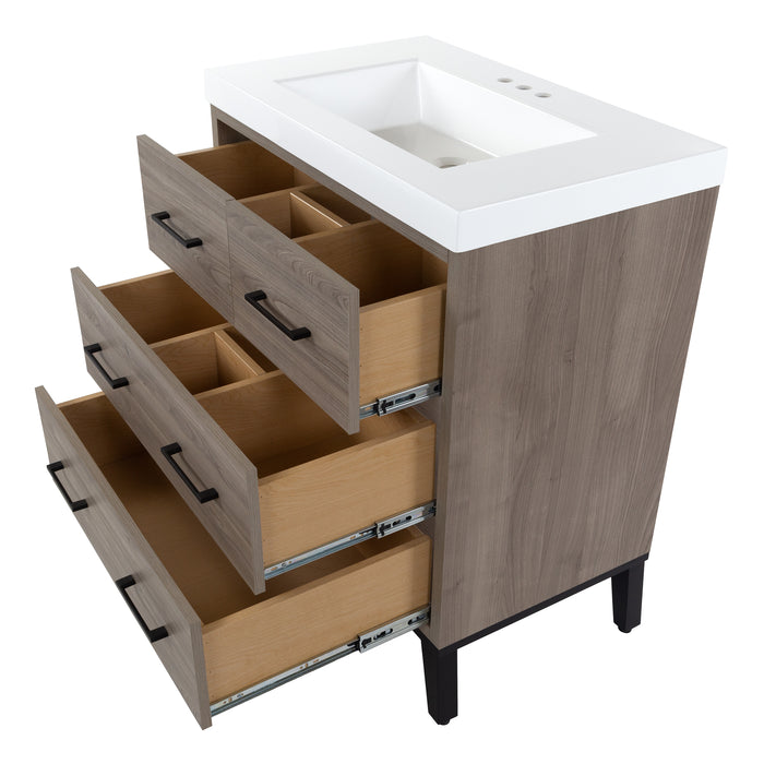 Top view with 3 open drawers on Rialta 30.5" wide bathroom vanity with woodgrain finish