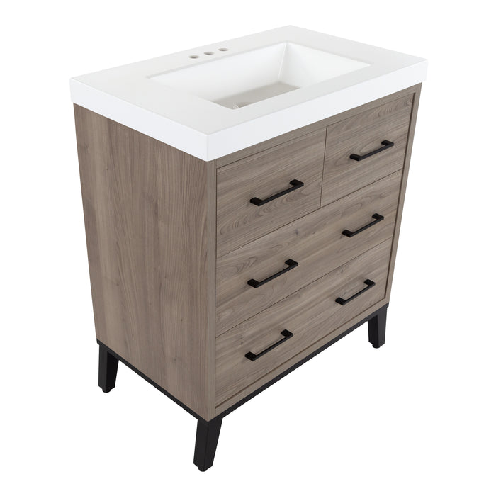 Right side Rialta 30.5" W 3-drawer bathroom vanity with matte black legs and 6 matte black drawer handles, white sink top