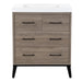Rialta 30.5" W furniture-style bathroom vanity with 3 drawers, matte black legs and 6 matte black drawer handles, white sink top