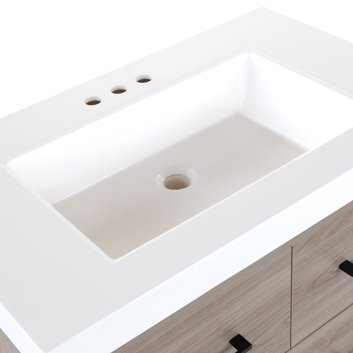 Predrilled white cultured marble sink top with integrated rectangular sink on Rialta vanity with woodgrain finish