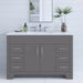 Salil 48 inch 2-door, 4-drawer gray bathroom vanity with white sink top installed in bathroom