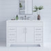 Salil 48 inch 2-door, 4-drawer white bathroom vanity with white sink top installed in bathroom