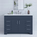 Salil 48 inch 2-door, 4-drawer blue bathroom vanity with white sink top installed in bathroom